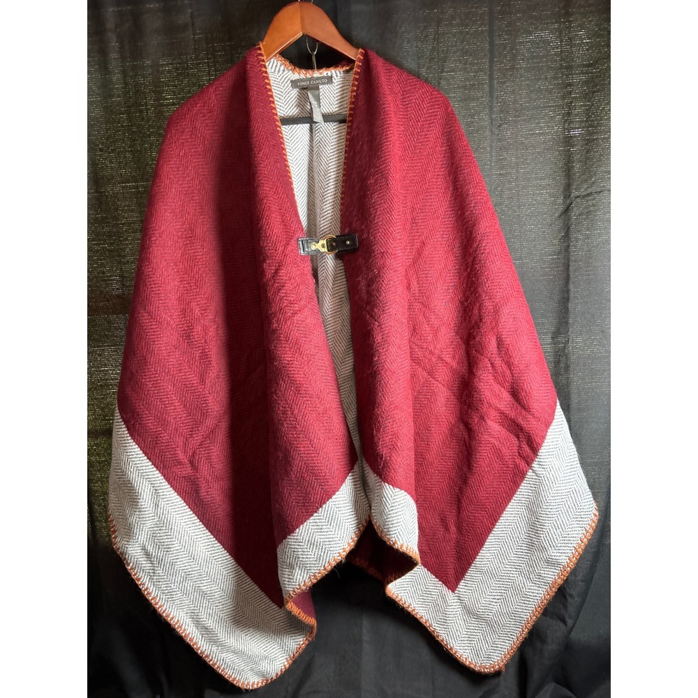 Vince Camuto Womens Burgundy Herringbone Buckle Front Poncho Wrap Cape OS